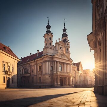 Old town with historical buildings such as town hall and church. background for poster, banner, web, social media. ai generative design