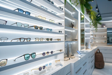 Display of sunglasses. Variety of sunglasses on shelves retail store