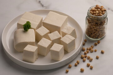 tofu or bean curd is traditional food made from soybean. sliced tofu on white ceramic plate. Tahu. 