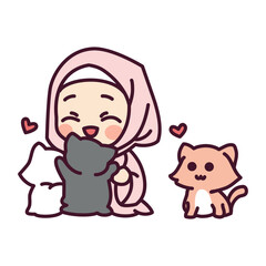 Cute a muslim girl and a cat cartoon illustration