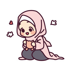 Cute a muslim girl and a cat cartoon illustration