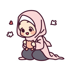 Fototapeta premium Cute a muslim girl and a cat cartoon illustration