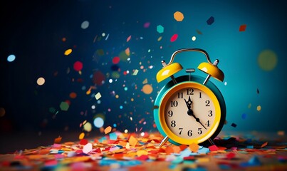 Alarm clock and confetti on blue background. 3d rendering