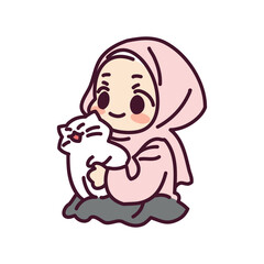 Cute a muslim girl and a cat cartoon illustration