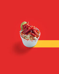 Corn Preparation in a Cup, Esquite, Mexican Snack, Street Food, Spicy, Chamoy, Chili Powder, Minimalist blue Background