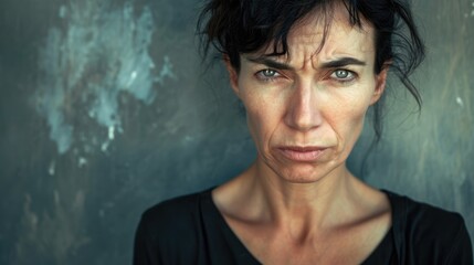 A woman in her forties with a furrowed brow and a worried expression. - obrazy, fototapety, plakaty