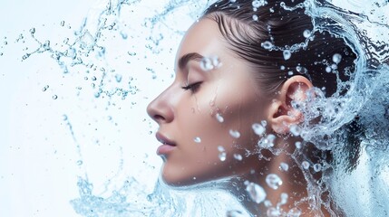 Face of a calm woman with water splashing around her harmoniously. Female face with freshness, hydration and natural beauty of skin care. - obrazy, fototapety, plakaty