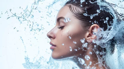 Foto op Plexiglas Face of a calm woman with water splashing around her harmoniously. Female face with freshness, hydration and natural beauty of skin care. © Vagner Castro