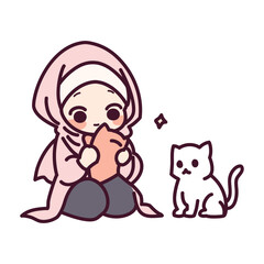 Cute a muslim girl and a cat cartoon illustration