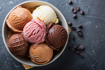Assorted Ice Cream Scoops in Bowl with Chocolate Chips