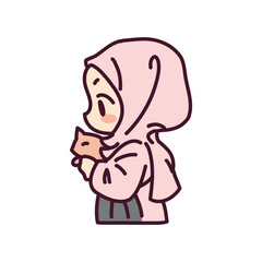 Cute a muslim girl and a cat cartoon illustration