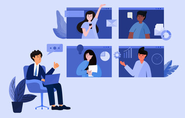 Boss talk with team office meeting via computer, Teamwork communication online. People managing corporate business online and connecting together. Work from home concept. flat vector illustration.