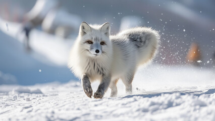 Arctic Fox Dashing Among Skiers at a Resort