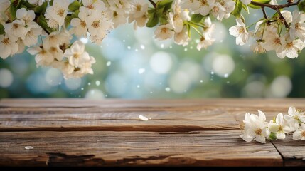Spring and summer background with white blossoms and beige wooden table flooring