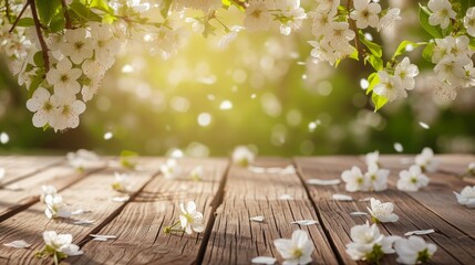 Spring and summer background with white blossoms and beige wooden table flooring