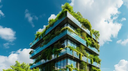 a modern glass building with a lot of green plants trees and bushes for environmental friendly building. ecology co2 footprint reduction. web design banner background - obrazy, fototapety, plakaty