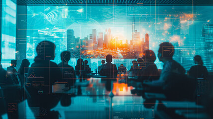 Fototapeta premium A professionalengages with a sophisticated, futuristic holographic interface displaying data analytics in a high-tech workspace environment..