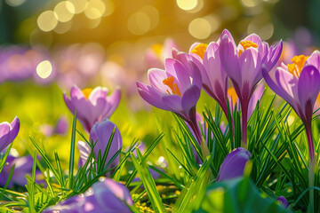 Purple crocus in fresh green grass. Spring flowers, sunshine