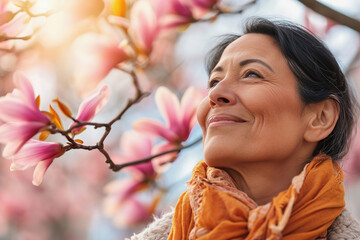 Middle aged Hispanic woman in spring blossoms. Spring portrait