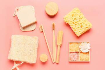 Composition with bath supplies on pink background