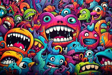 Monster Graffiti Background, Colorful graffiti cartoon monster characters background, cartoon...