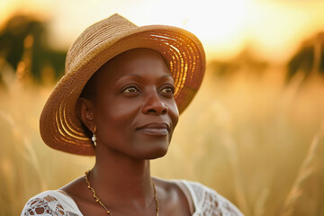 Middle aged black woman in summer straw hat enjoying golden hour