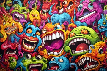 Monster Graffiti Background, Colorful graffiti cartoon monster characters background, cartoon...