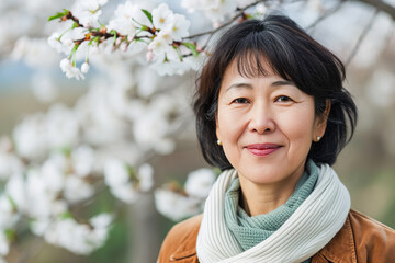 Middle aged Asian woman in spring blossoms. Spring portrait