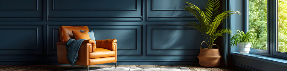 Luxurious tan leather armchair positioned by a sunny window with blue wall panels.