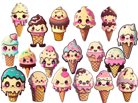 set of transparent cute kawai icecream stickers japan food illustation 