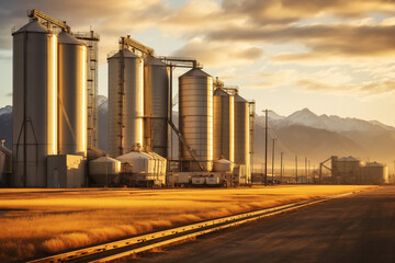 Huge silos filled with grain in golden light at foothills of mountain range.