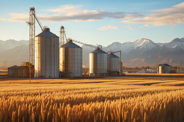 Huge silos filled with grain in golden light at foothills of mountain range.