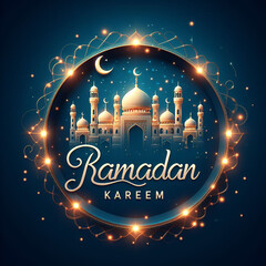 blue background with a light banner, crescent moon, and light effects with the word "RAMADAN KAREEM"
