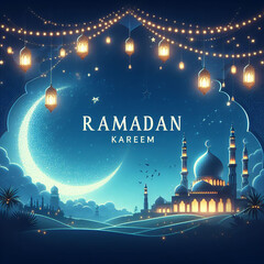 blue background with a light banner, crescent moon, and light effects with the word "RAMADAN KAREEM"