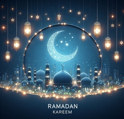 blue background with a light banner, crescent moon, and light effects with the word "RAMADAN KAREEM"