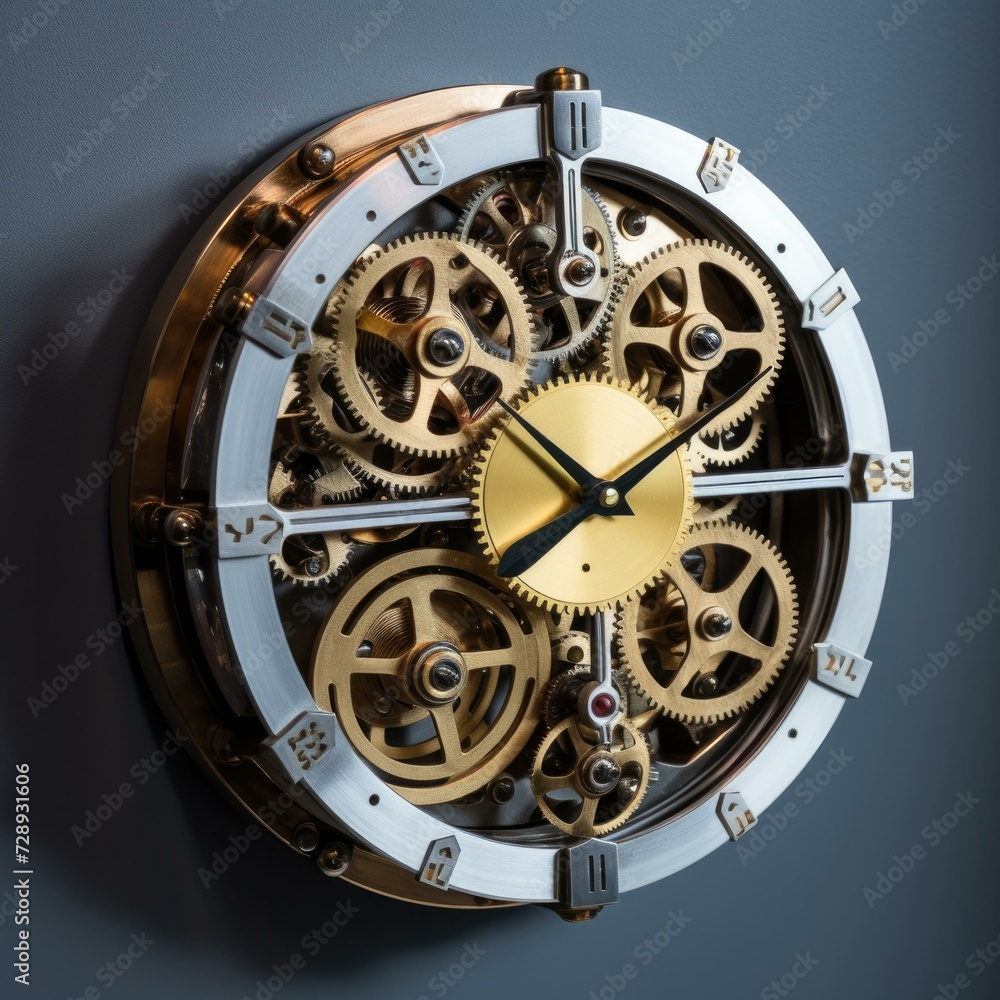 Poster a clock with gears on the wall. generative ai.