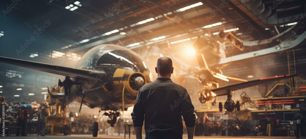 Poster a man standing in front of a plane in an industrial setting. generative ai.