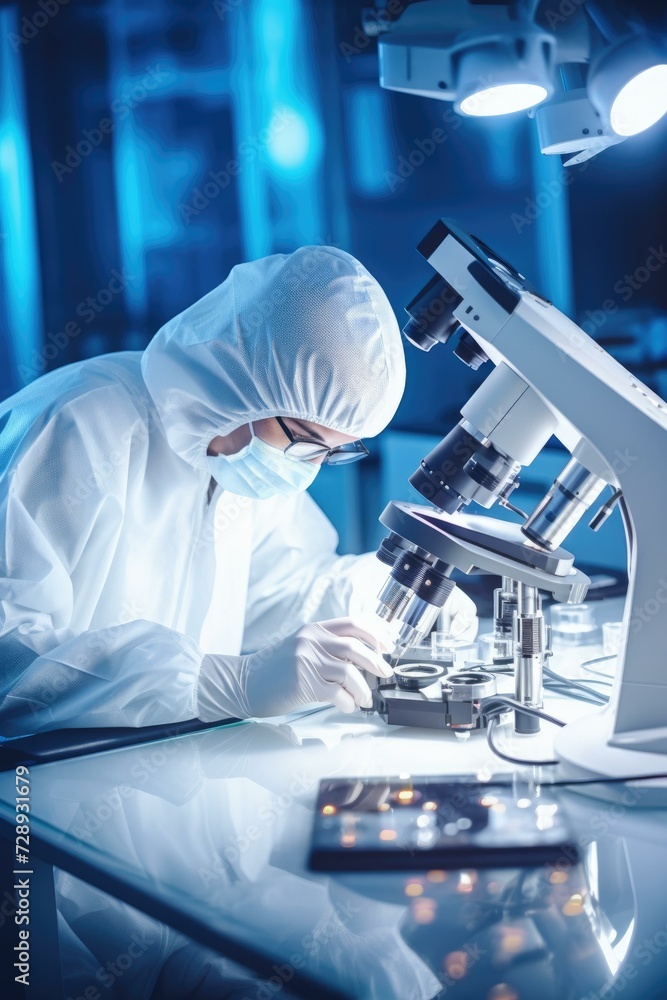 Aufkleber a man in a white lab coat is looking at a microscope. generative ai.