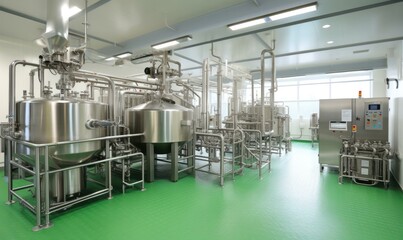 A large industrial room with stainless steel tanks. Generative AI.