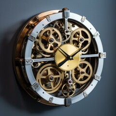 A clock with gears on the wall. Generative AI.