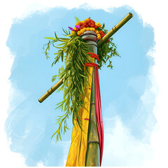 Traditional Festive Bamboo Decoration, Adorned with Colorful Flowers and Ribbons, Cultural Celebration Symbol Gudi Padwa