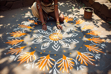 Indian woman making ornament Rangoli in front of house.  Ornamental decorative design of pattern in orange and white colors. Ugadi, Gudi Padwa celebration. Hindu New Year. Religion and ethnic concept