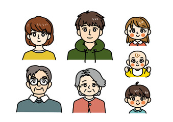 シンプルなタッチ仲良し家族セット（顔）カラー