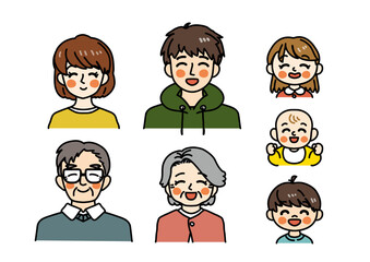 シンプルなタッチ仲良し家族セット（顔・笑顔）カラー