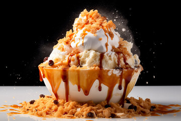 Thai tea Bingsu ice cream with sweet toppings whipped cream, caramel and dried fruits korean shaved ice dessert black background