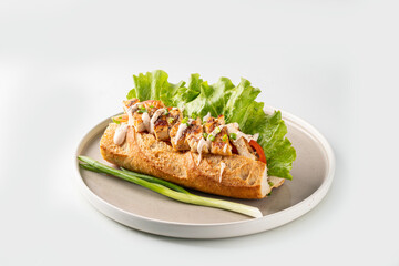 tasty melted cheese on pulled pork sandwich with vegetables 