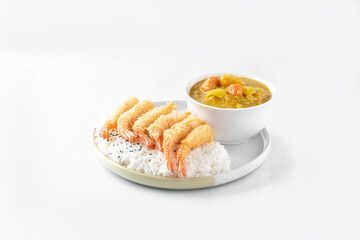  in curry sauce and rice on white backgrounds 