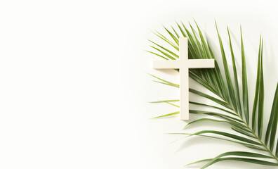 Palm Sunday Symbolism: Christian Cross and Palm Leaf Merge in Religious Tribute to Jesus Christ's Triumphal Entry. Easter Holy Weekend. - obrazy, fototapety, plakaty