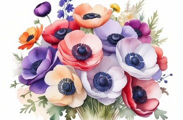 Bright, multicolored anemones on a white background. Watercolor illustration for design, print or background
