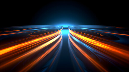 Blue and orange modern light tail waves and lines on black background, futuristic neon glowing light design